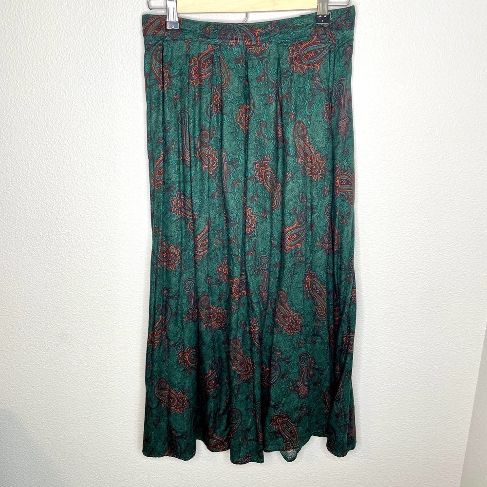 Vintage Michelle Stuart Green and Red Paisley Maxi High Waist Skirt Size 8